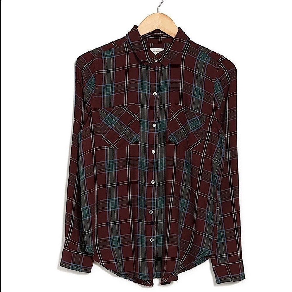 NWT‎ Lucky Brand Woven Plaid Flannel Button Front Top Red Green Size Large